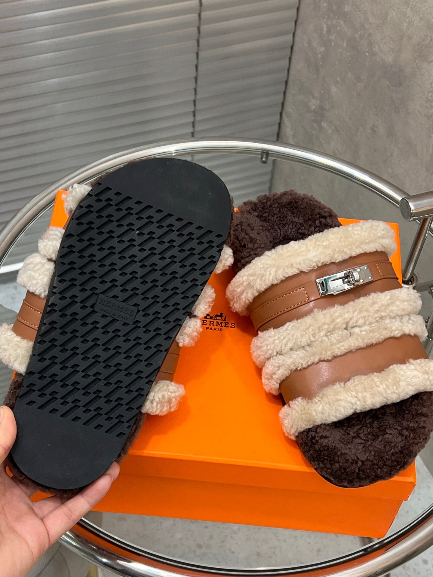 HM 25S SANDAL IN BEIGE WOOL AND BROWN LAMBSKIN WITH SILVER HARDWARE - 35