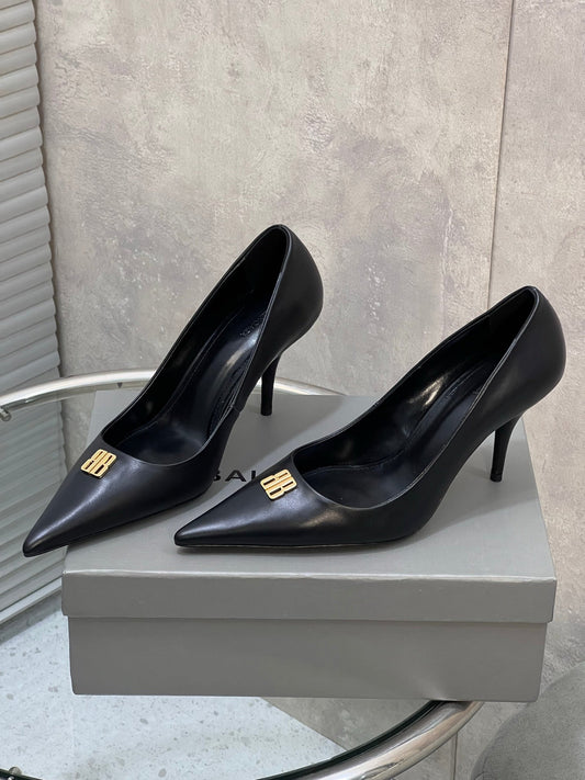 BALENCIAGA 25S HIGH-HEEL SHOES 85 MM IN BLACK COW LEATHER WITH GOLD HARDWARE - 35