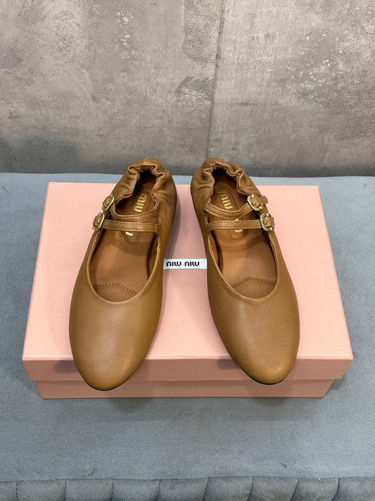 MIUMIU 26S DOUBLE STRAP MARY JANE FLATS IN CARAMEL BROWN SHEEPSKIN