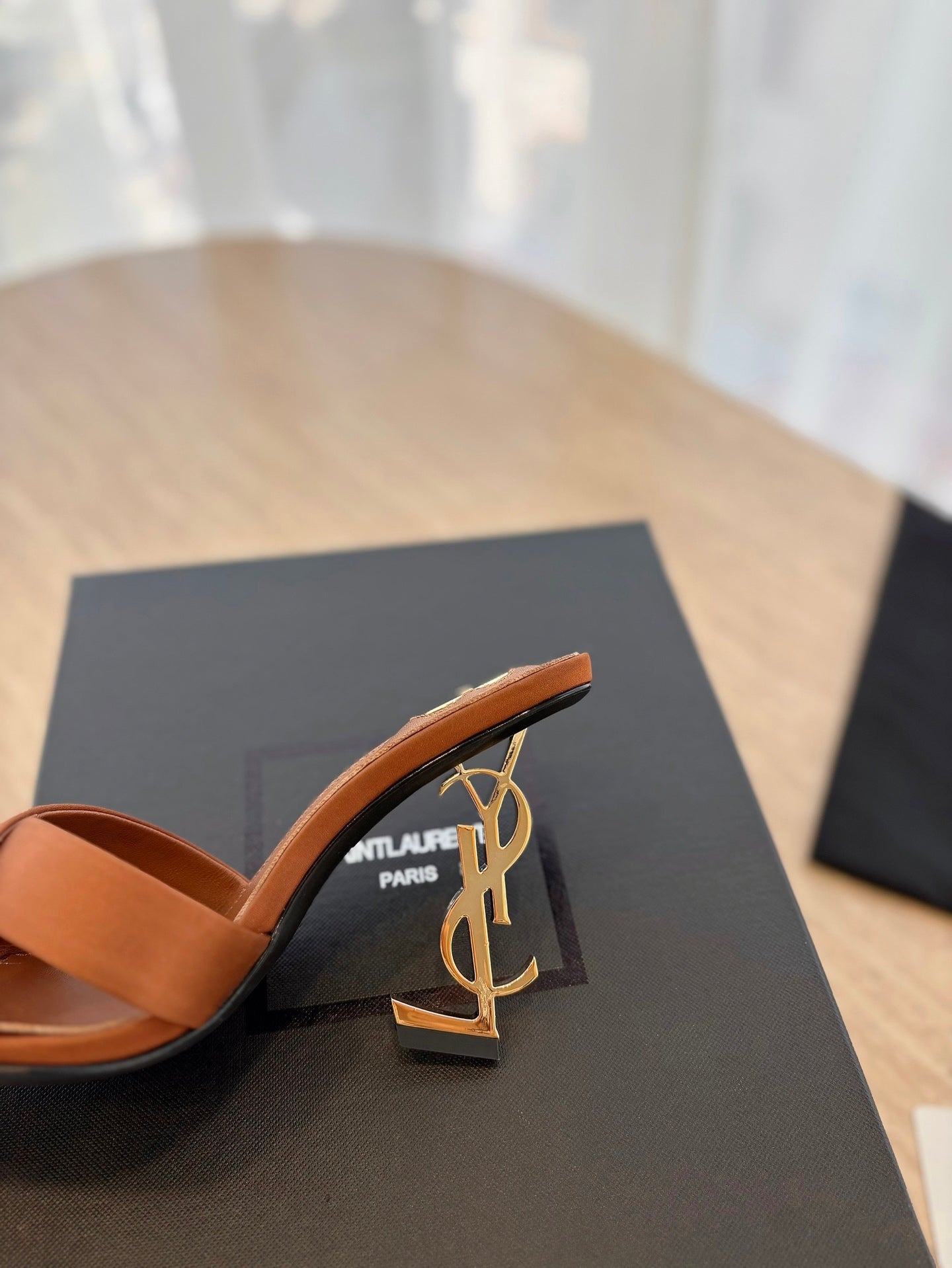 OPYUM OPEN TOE HIGH 10 CM MULES IN BRONZE BROWN CALFSKIN - 35