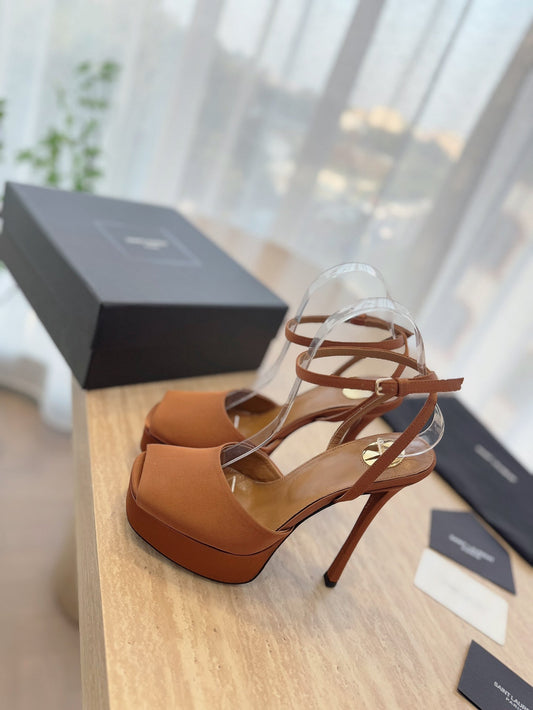 LA SCANDALE HIGH 14 CM PLATFORM SANDALS IN BRONZE BROWN SATIN CREPE - 35