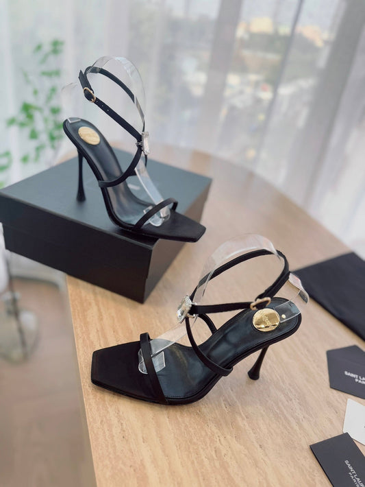 HIGH HEEL SANDAL 10 CM IN BLACK SATIN CREPE AND CRYSTAL - 35