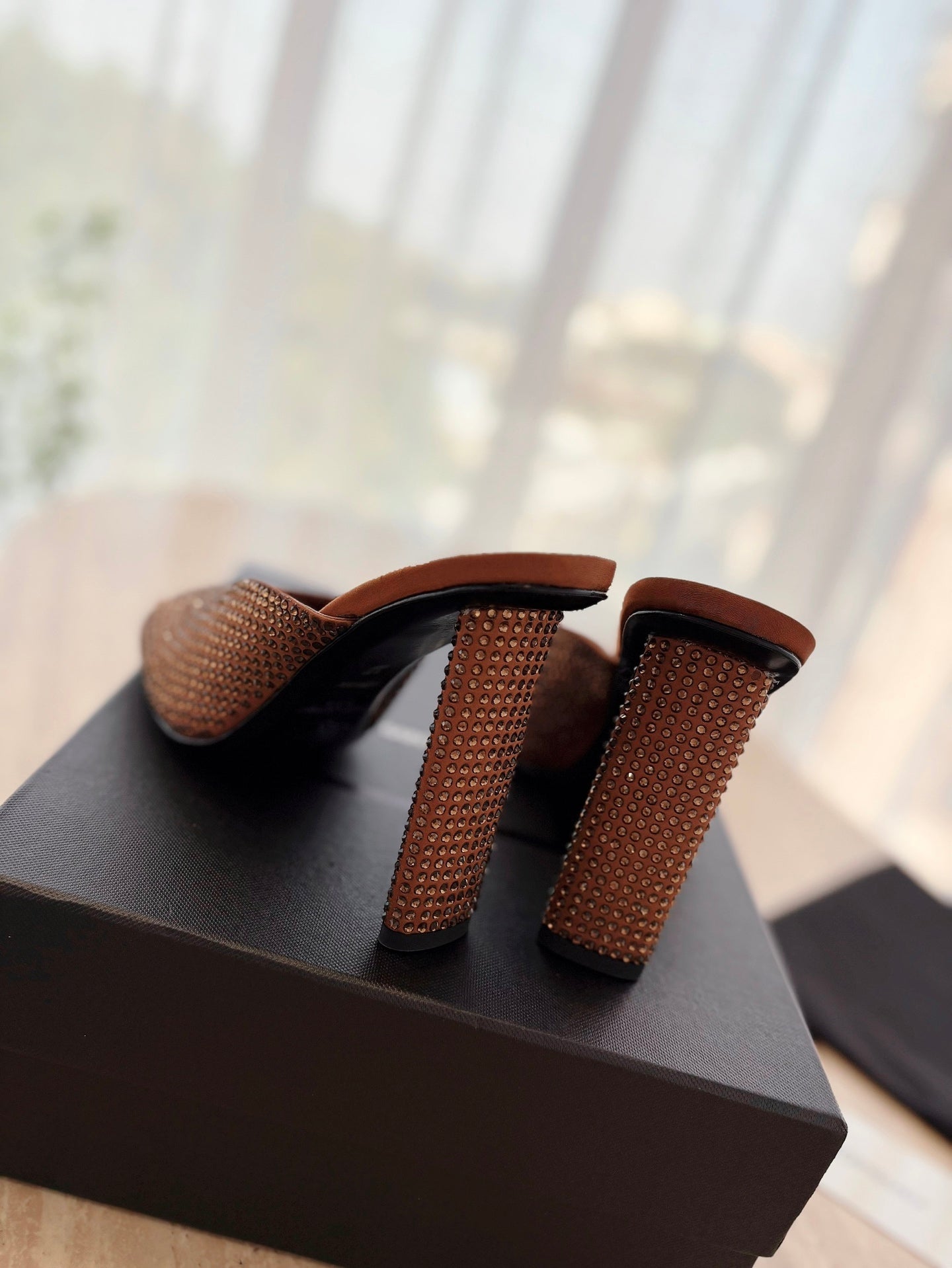 HIGH HEEL BLONDE MULE 10 CM IN BRONZE BROWN SATIN WITH RHINESTONES - 35