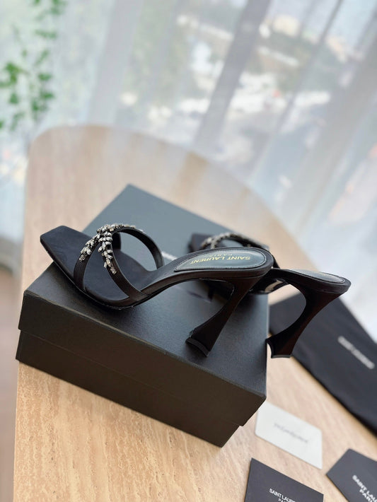 RAV HIGH HEEL 10 CM EMBELLISHED BLACK SATIN MULES - 35