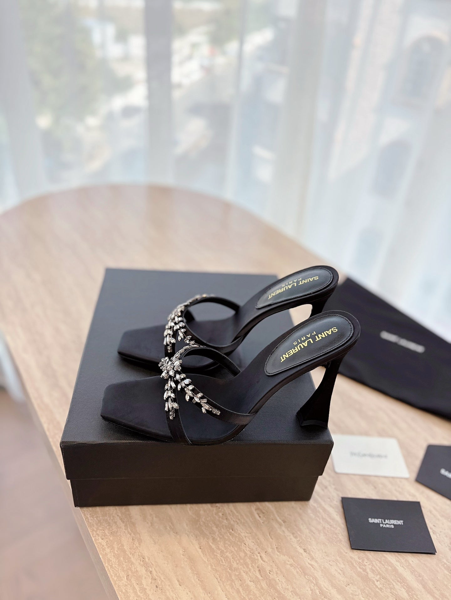 RAV HIGH HEEL 10 CM EMBELLISHED BLACK SATIN MULES - 35