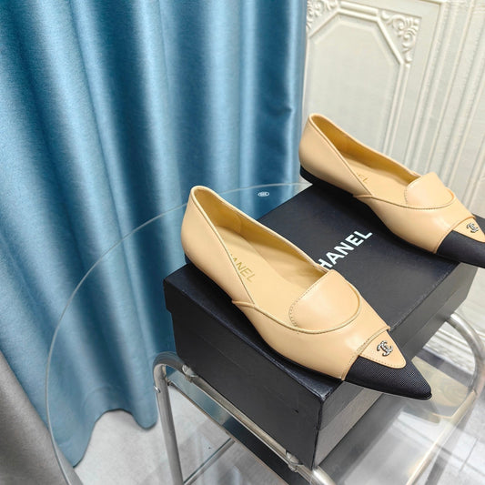 BALLET FLAT DARK CREAM MIX BLACK SHEEPSKIN POINTED TOE - 35