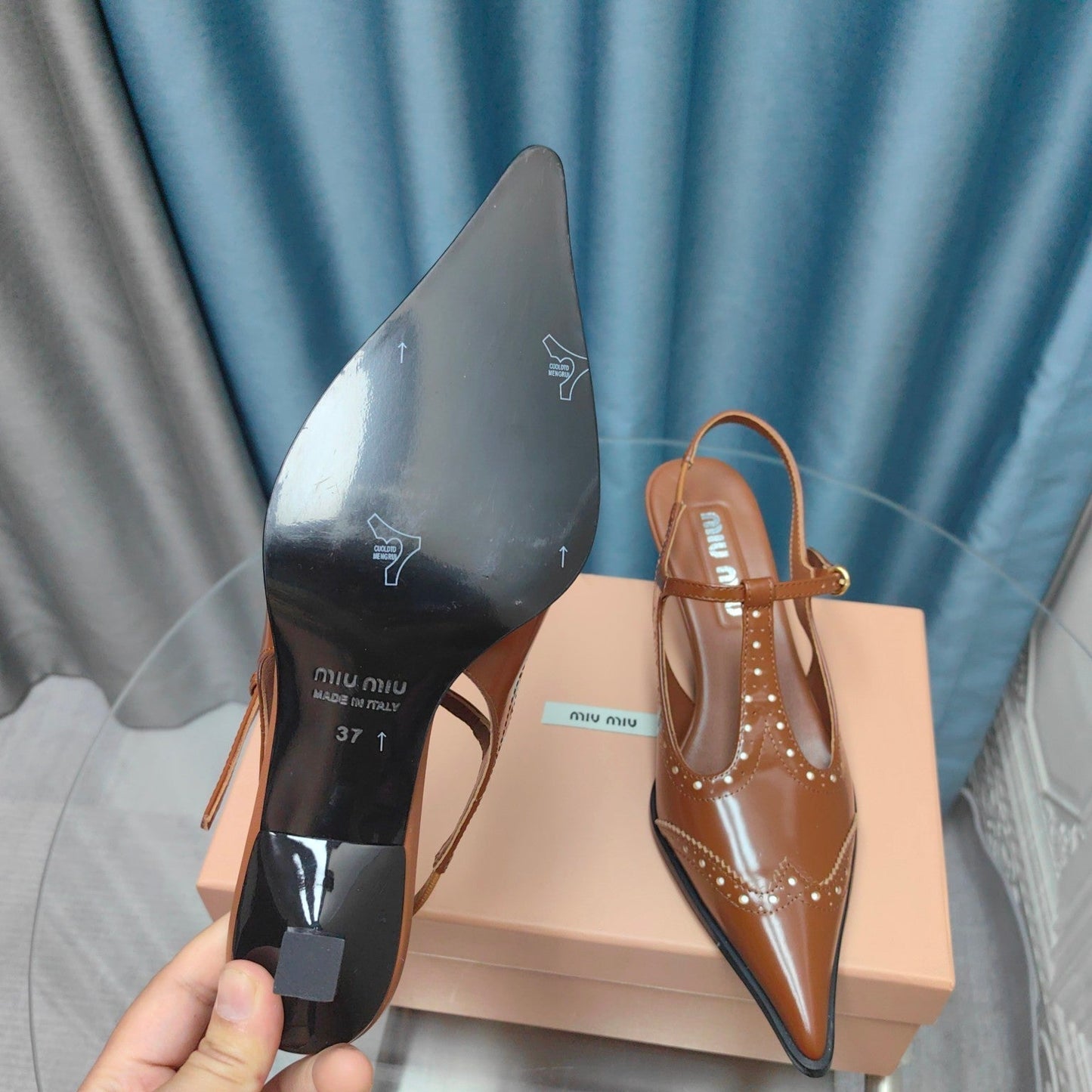 SLINGBACK CARAMEL COLOR LAMBSKIN WITH T- STRAPS - 35