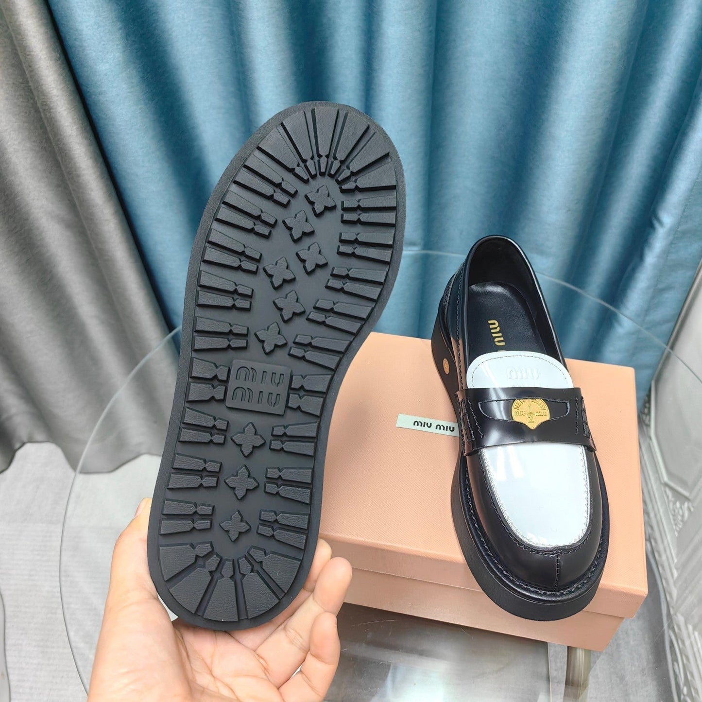 THICK-SOLED LOAFERS SHOES BLACK MIX WHITE COWHIDE - 35