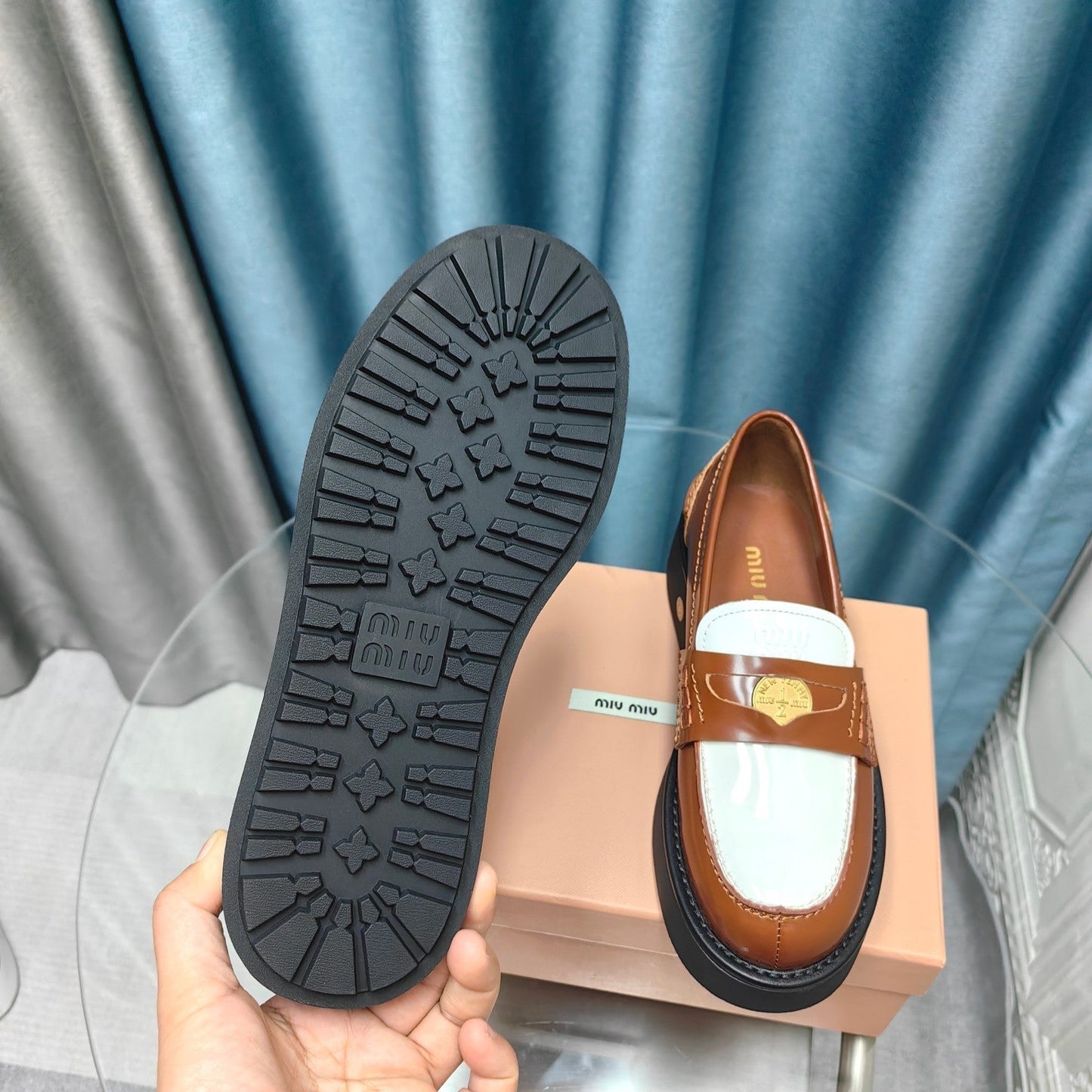 THICK-SOLED LOAFERS SHOES CARAMEL MIX WHITE COWHIDE - 35
