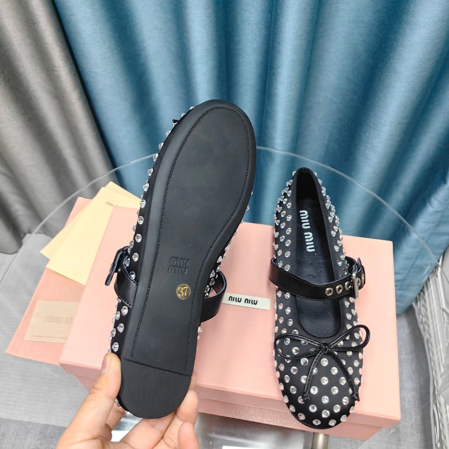 MARY JANE SHOES BLACK COWHIDE WITH DIAMOND - 35