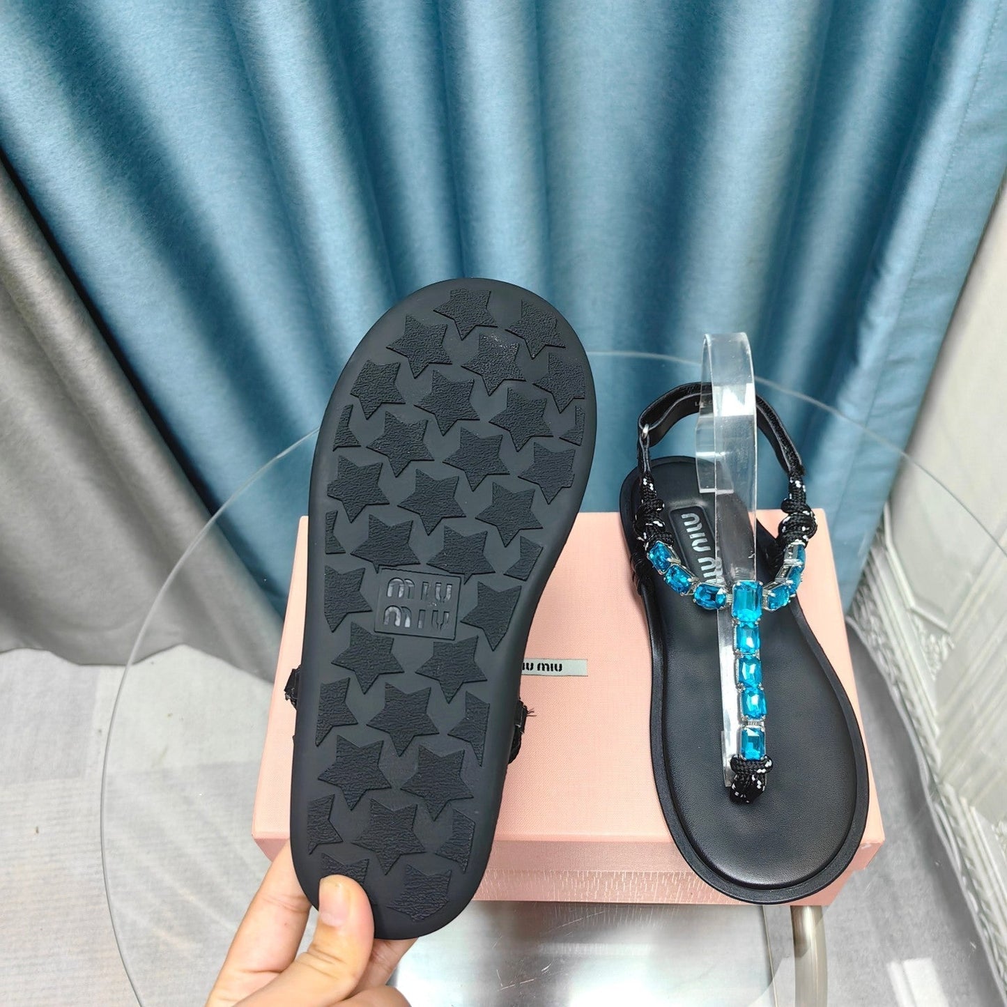 FLIP-FLOPS BLACK COWHIDE WITH CRYSTALS-SAPPHIRE BLUE - 34