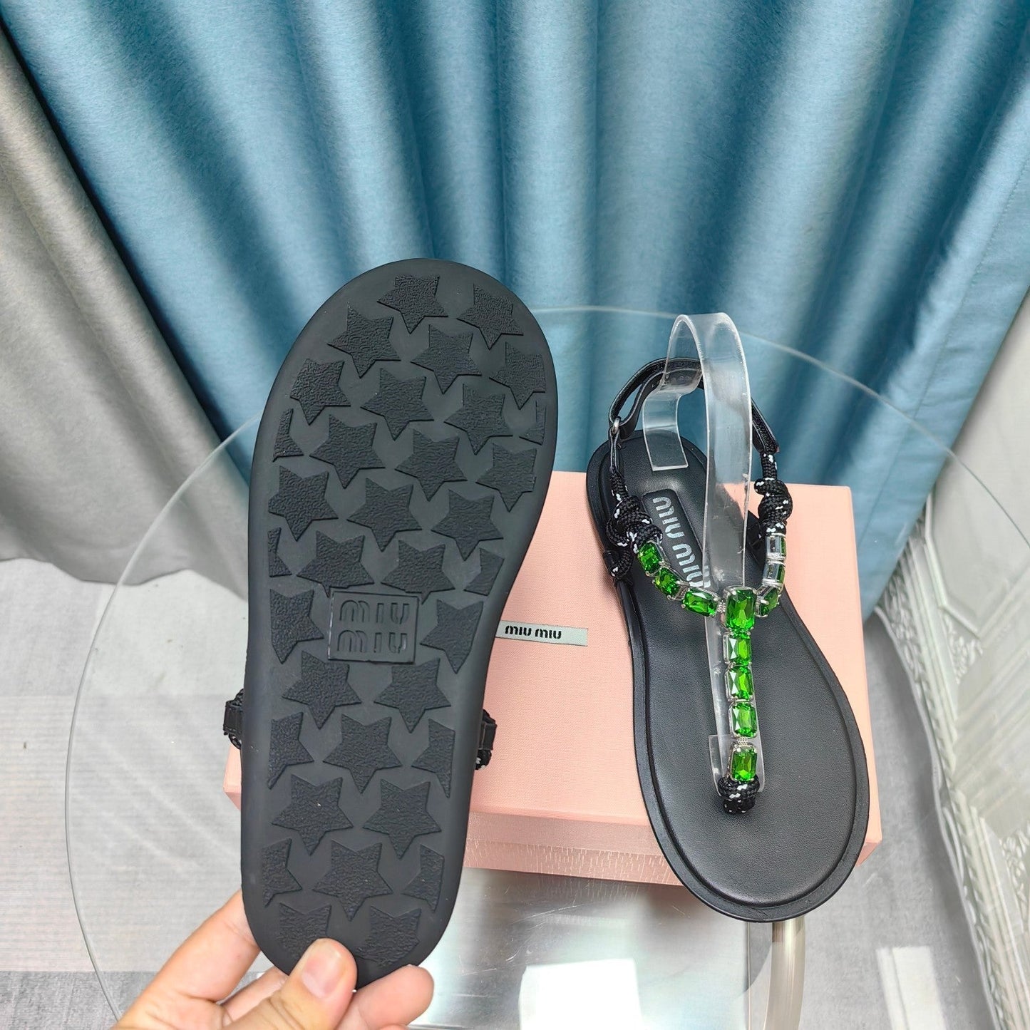FLIP-FLOPS BLACK COWHIDE WITH CRYSTALS-KELLY GREEN - 34