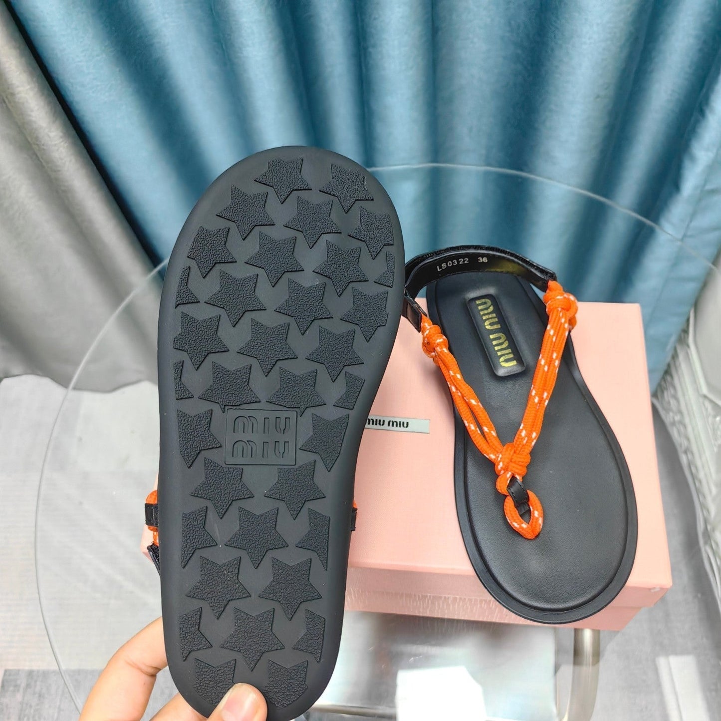 FLIP-FLOPS SANDAL BLACK SHEEPSKIN WITH ORANGE STRAP - 34
