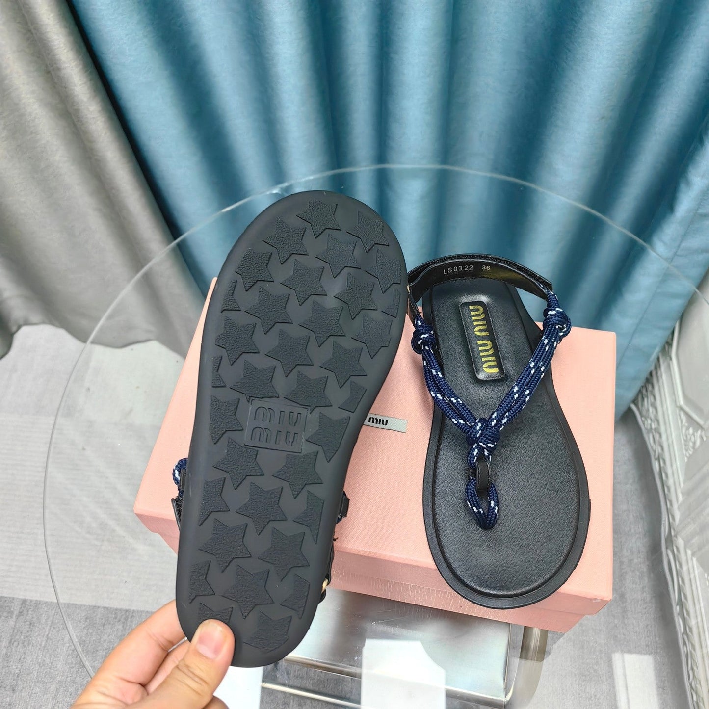 FLIP-FLOPS SANDAL BLACK SHEEPSKIN WITH NAVY STRAP - 34