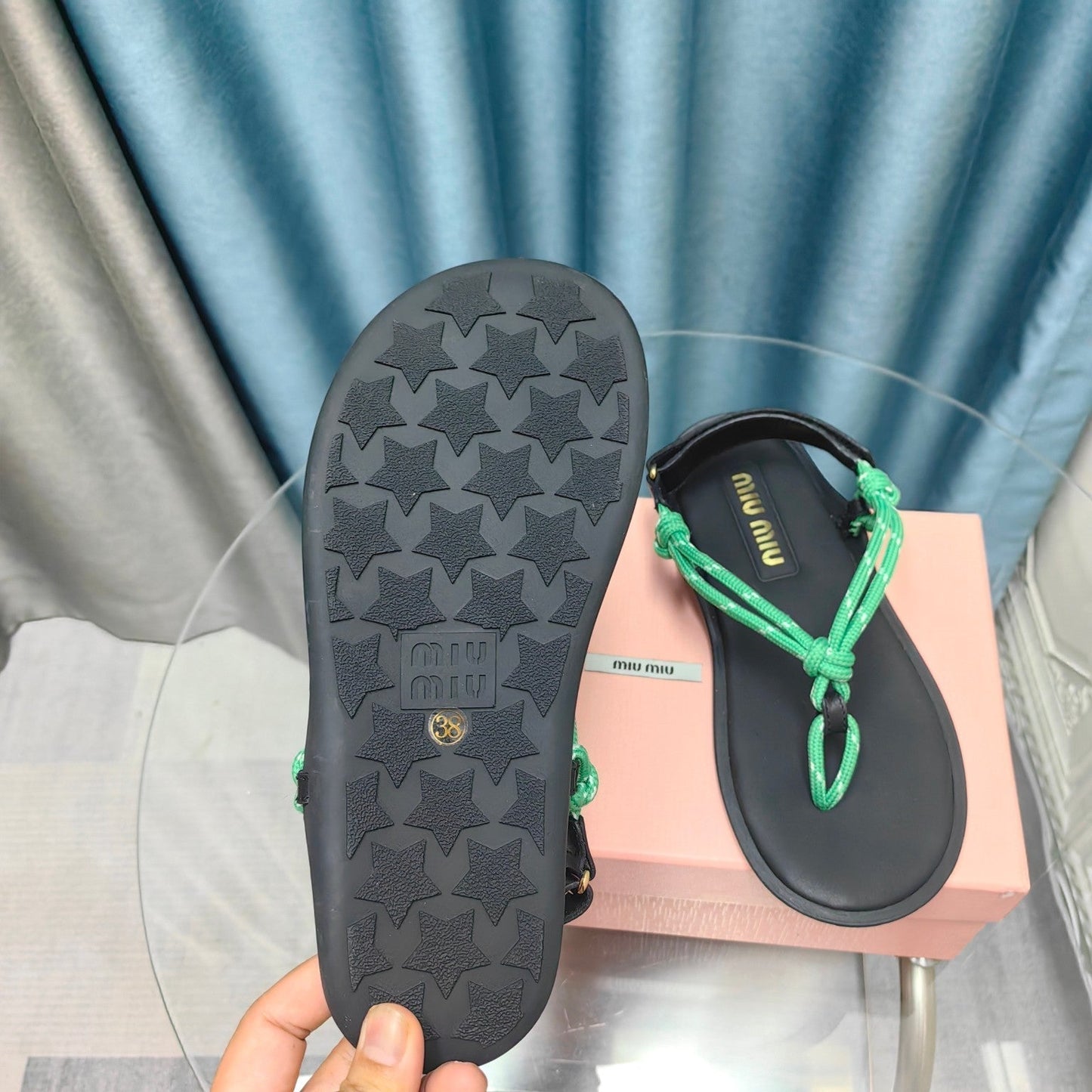 FLIP-FLOPS SANDAL BLACK SHEEPSKIN WITH BRIGHT BLUE STRAP - 34