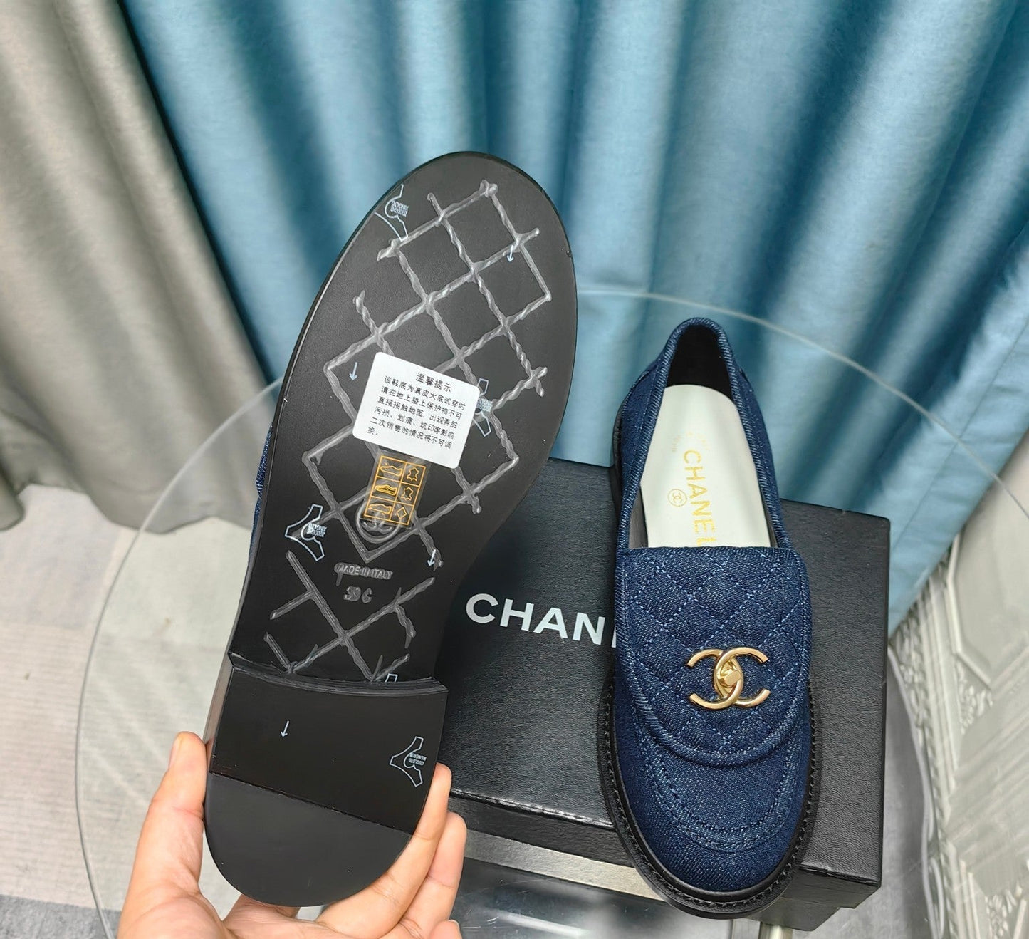 MOCCASINS NAVY BLUE QUILTED LAMBSKIN - 35