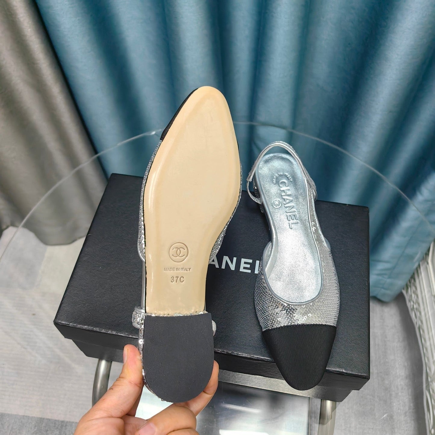 SLINGBACKS IN GLITTER SILVER LAMBSKIN - 34