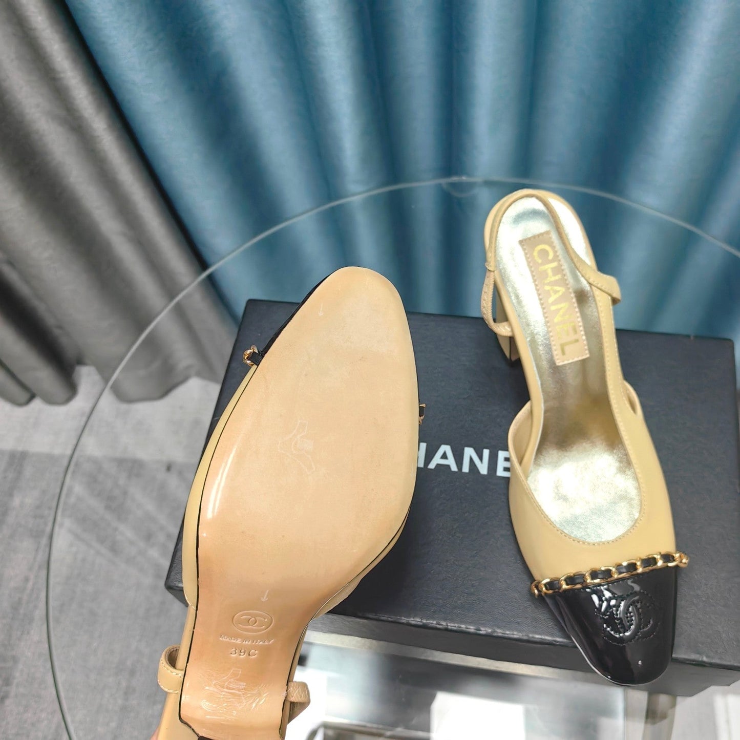 HIGH SLINGBACKS IN DARK CREAM MIX BLACK LAMBSKIN - 34