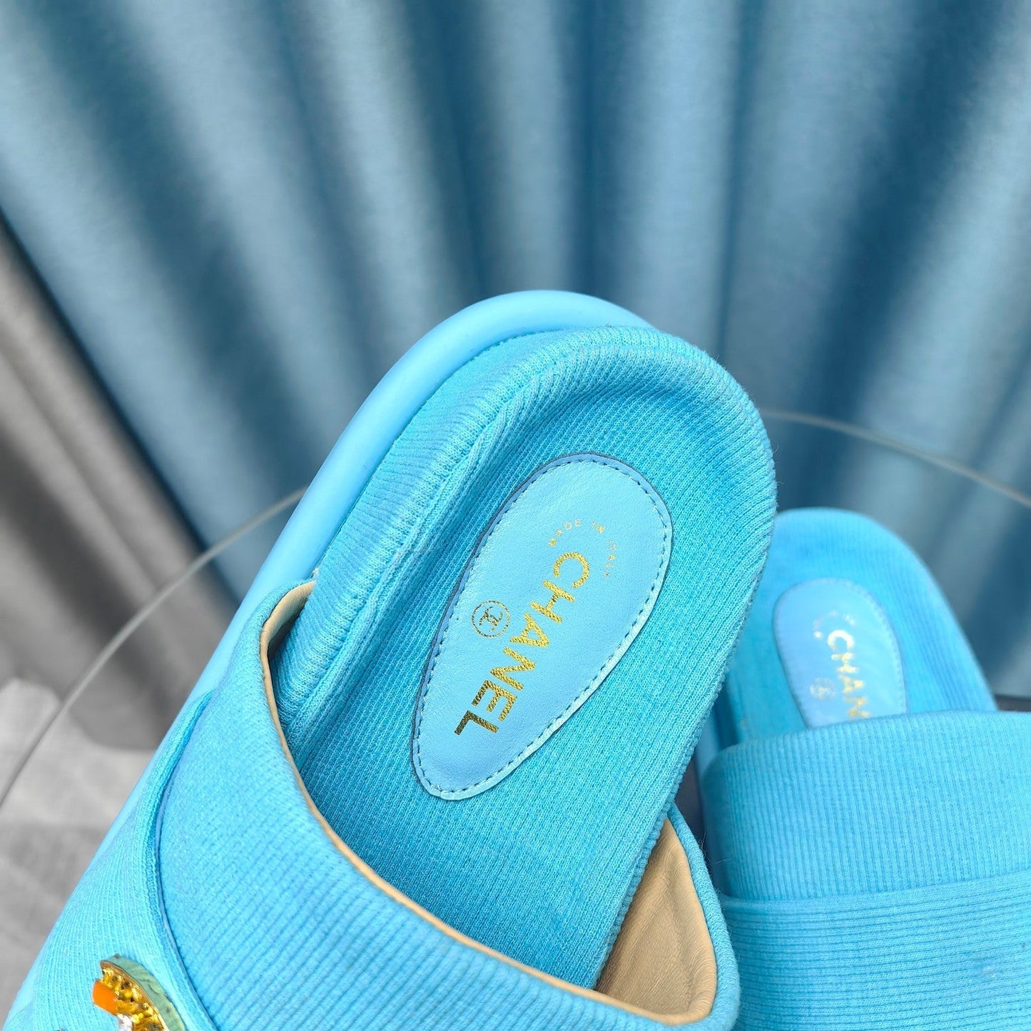 PLATFORM HEELS SANDALS IN SAPPHIRE BLUE WOOLEN FABRIC - 35