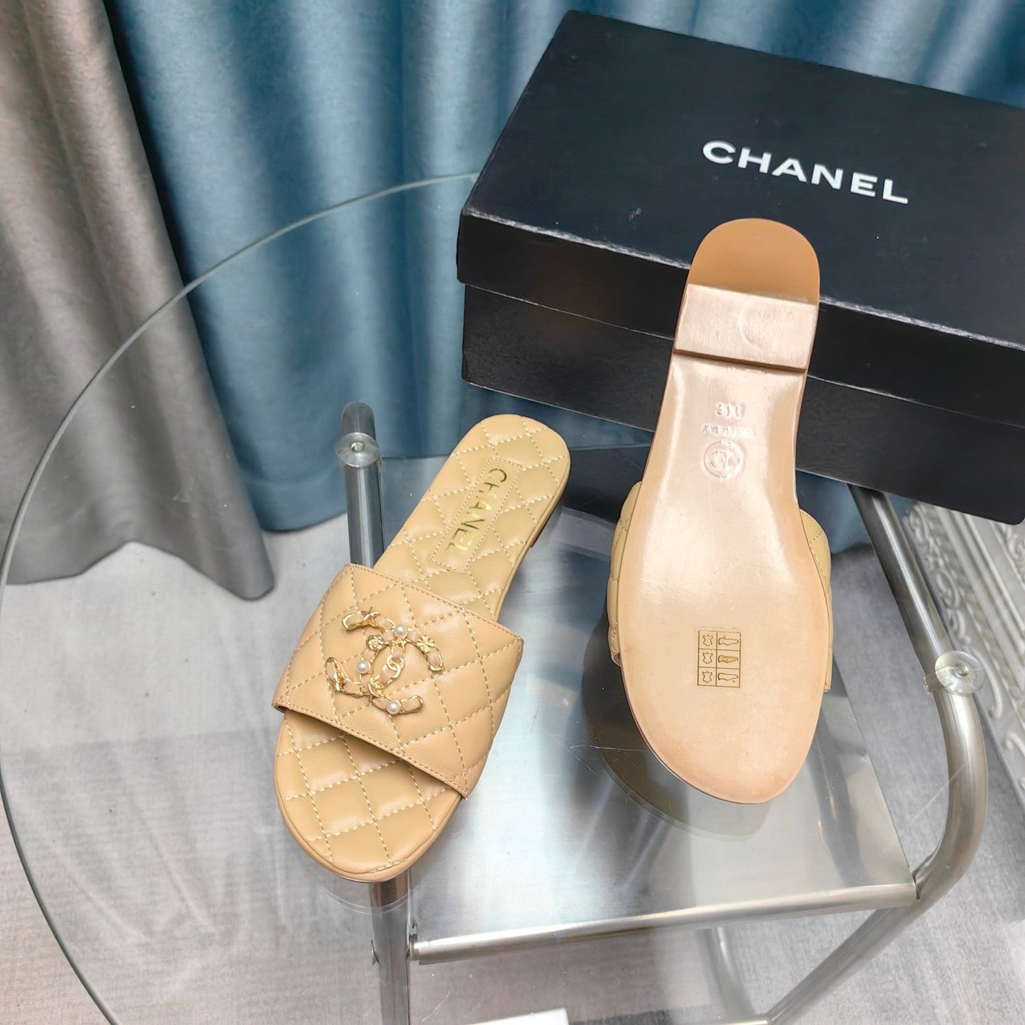 QUILTED SLIPPERS BEIGE CREAM SHEEPSKIN - 35
