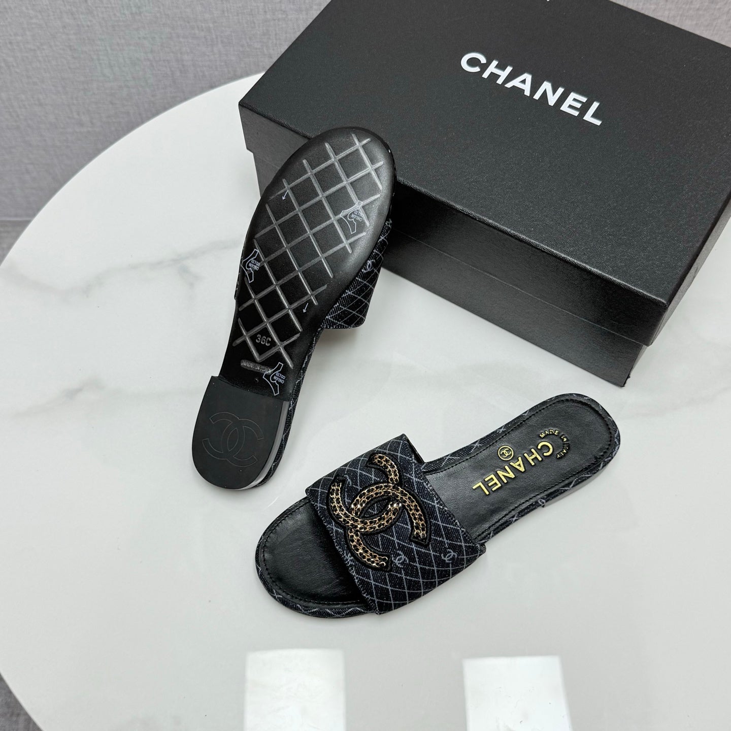 CC SLIDE SANDALS 25S IN BLACK DENIM AND CALFSKIN WITH LOGO - 35