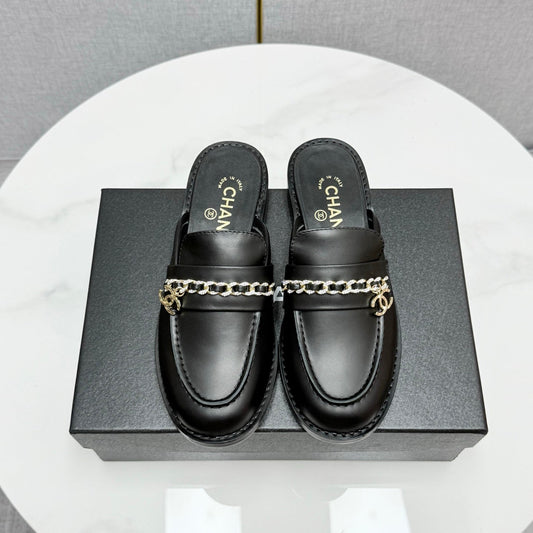 CC FLAT MULE 25S IN BLACK CALFSKIN STYLE 2 - 35