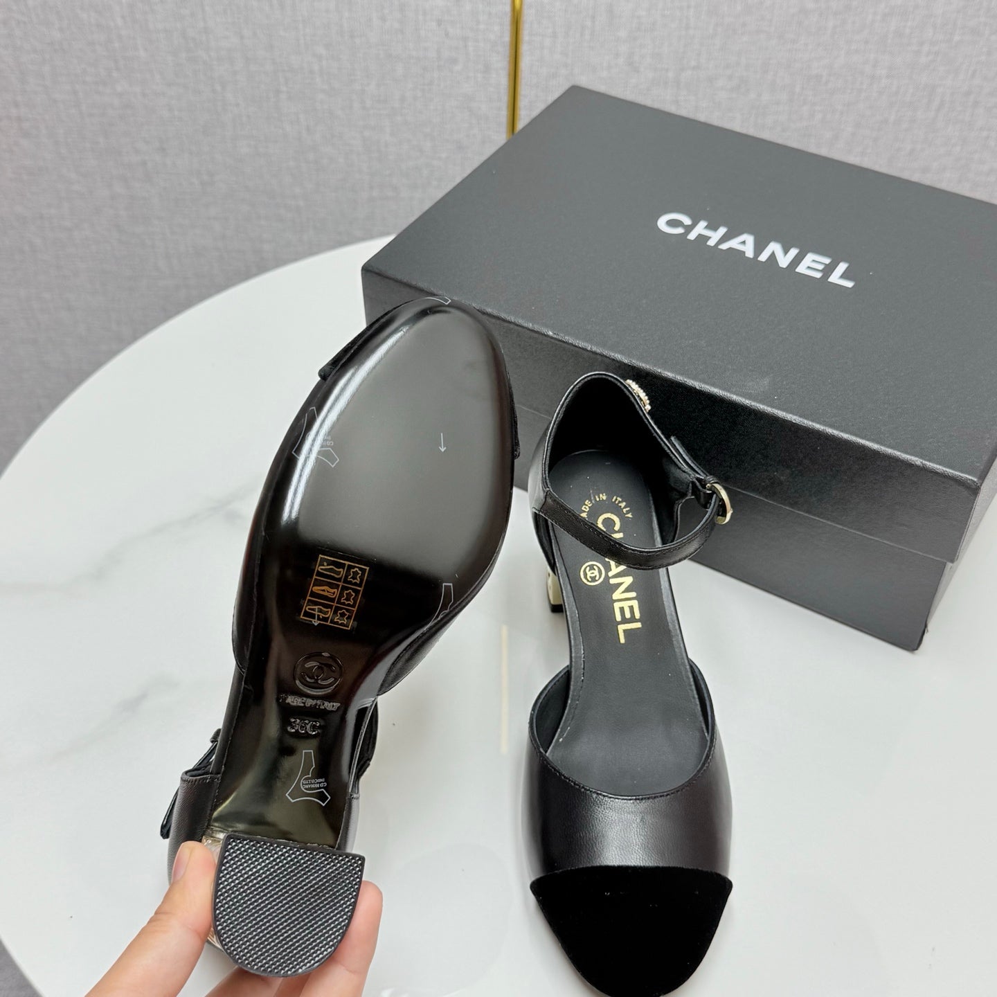 CC MARY JANE HEELS 25S IN BLACK LAMBSKIN AND SUEDE WITH PEARL HEEL STYLE 5 - 35
