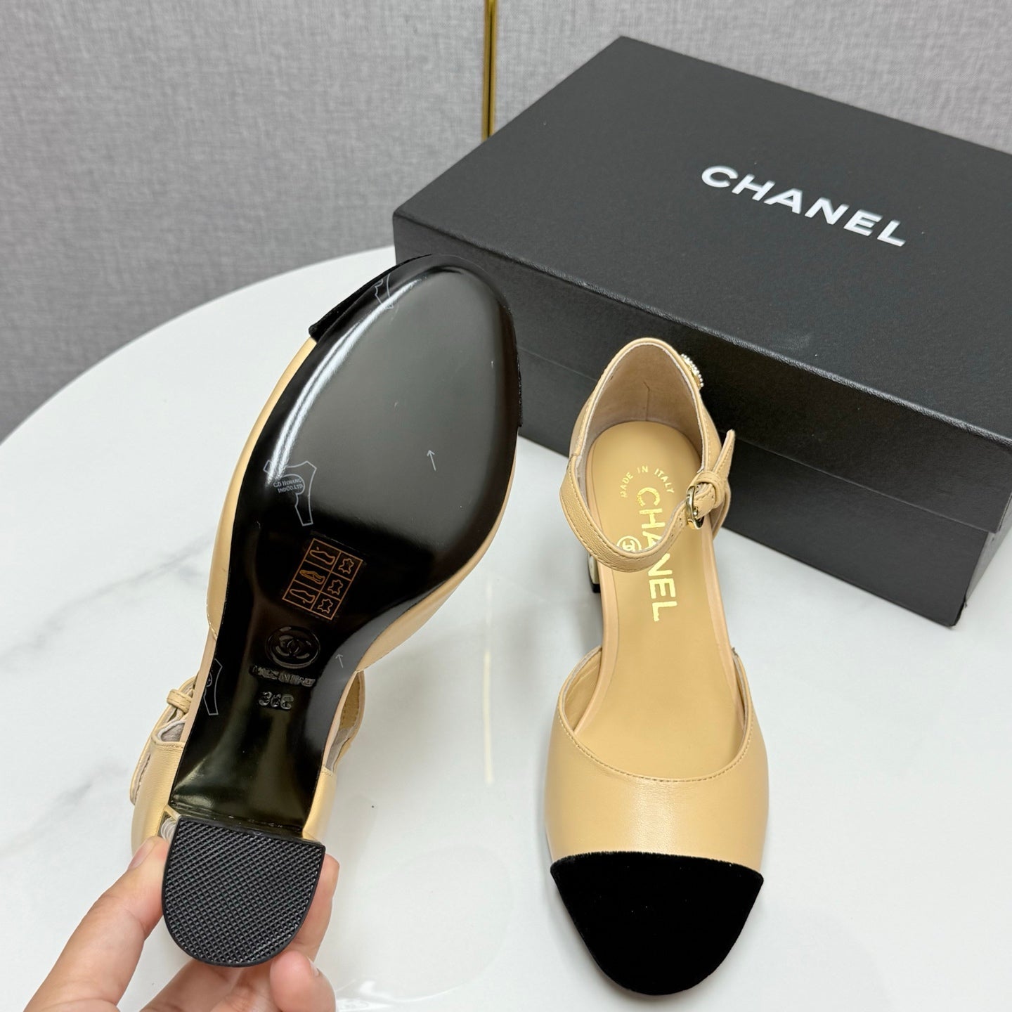CC MARY JANE HEELS 25S IN BEIGE LAMBSKIN AND SUEDE WITH PEARL HEEL STYLE 6 - 35
