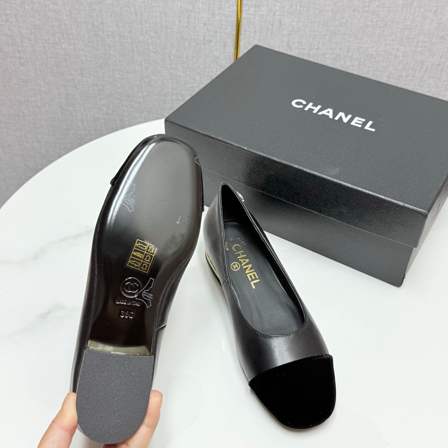 CC BALLET FLATS 25S IN BLACK LAMBSKIN AND SUEDE WITH PEARL HEEL - 35