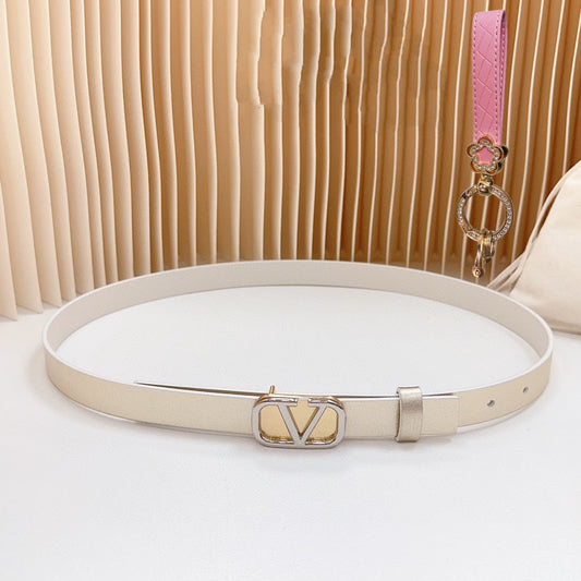 Gold Vlogo and Silver Hardware Buckle Gold White Calfskin 20mm - 30
