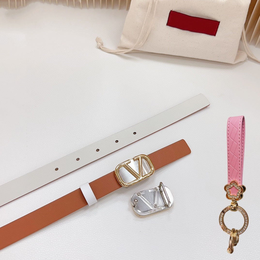 Gold Vlogo and Silver Hardware Buckle Tan White Calfskin 20mm - 30