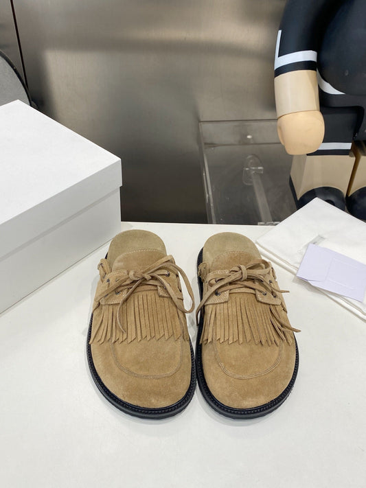 THE ROW 26S FRINGE LACE UP MULES IN SAND BEIGE SUEDE