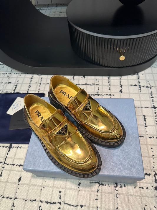 PRA SCHOCOLATE BRUSHED LOAFERS METALLIC GOLD CALFSKIN - 34