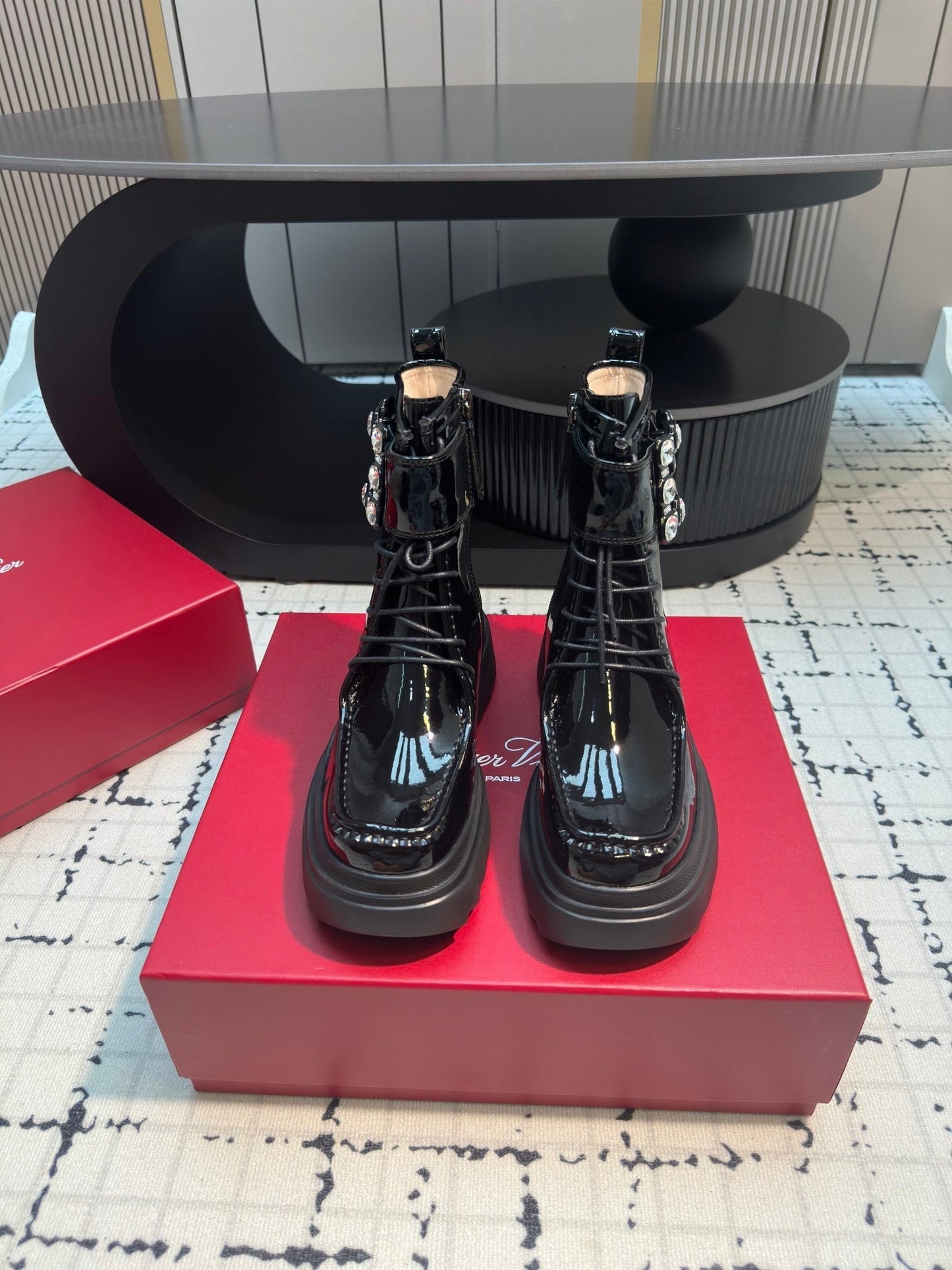 VIV' RANGERS ANKLE BOOTS IN BLACK PATENT LAMBSKIN STRASS BUCKLE - 35