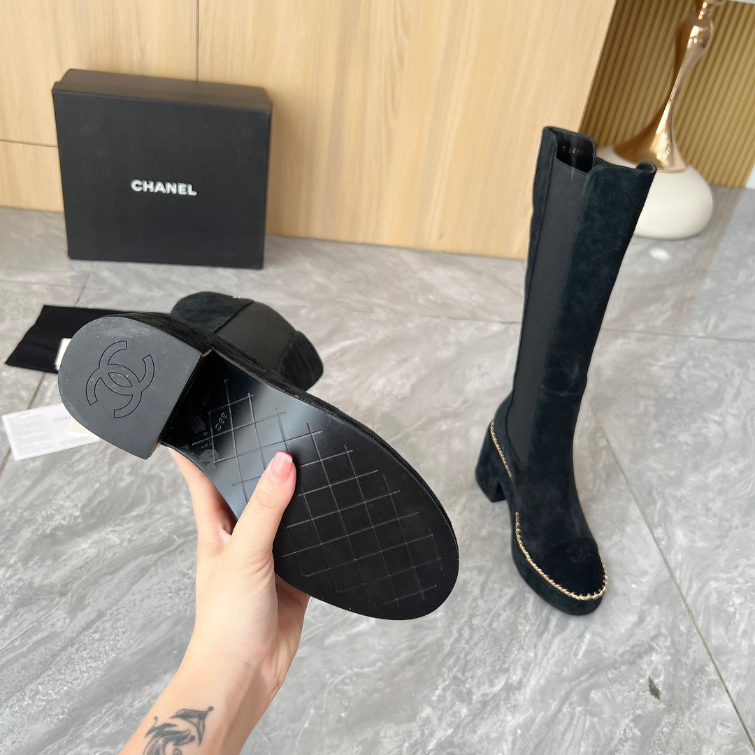 CHANEL 25S HIGH BOOTS STRETCHY SHAFT 85MM IN BLACK SUEDE GOLD HARDWRE - 35