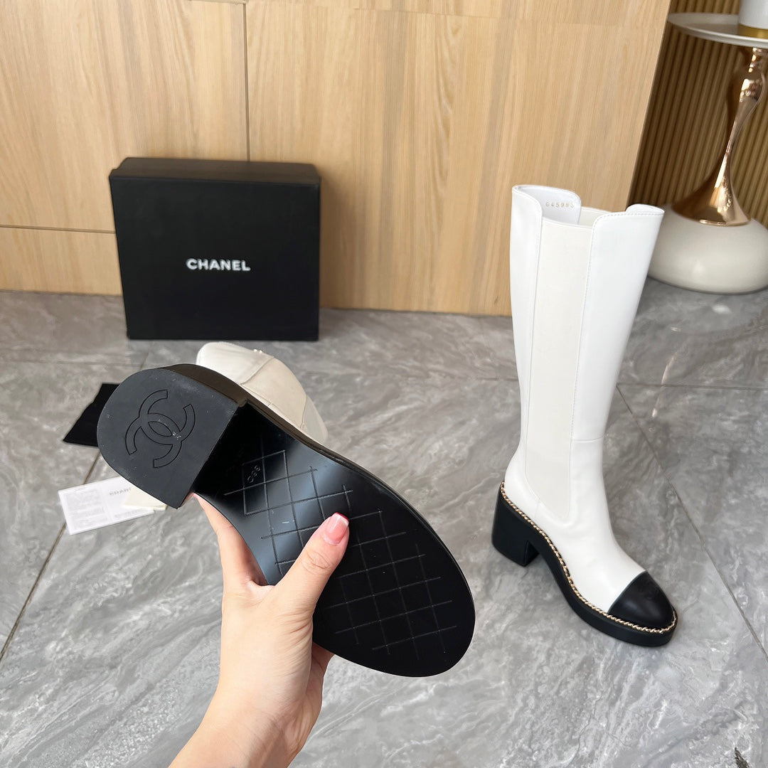 CHANEL 25S HIGH BOOTS STRETCHY SHAFT 85MM IN WHITE MIX BLACK CALFSKIN GOLD HARDWRE - 35