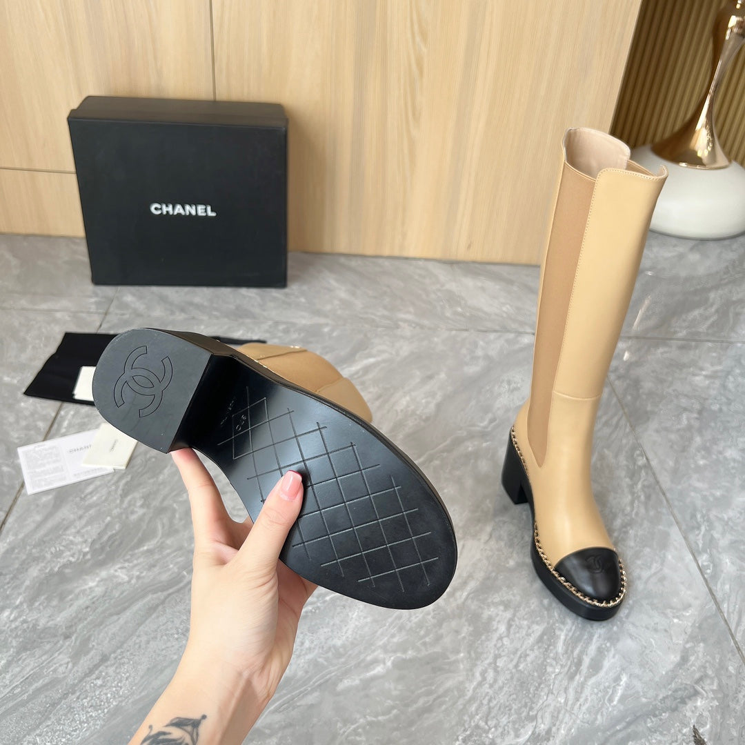 CHANEL 25S HIGH BOOTS STRETCHY SHAFT 85MM IN LIGHT BROWN CALFSKIN GOLD HARDWRE - 35