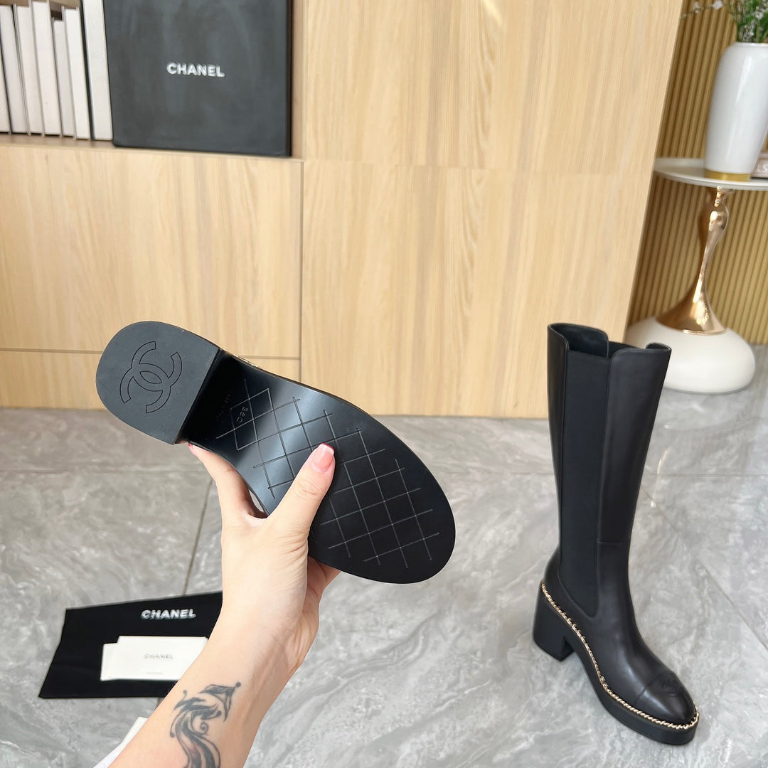 CHANEL 25S HIGH BOOTS STRETCHY SHAFT 85MM IN BLACK CALFSKIN GOLD HARDWRE - 35