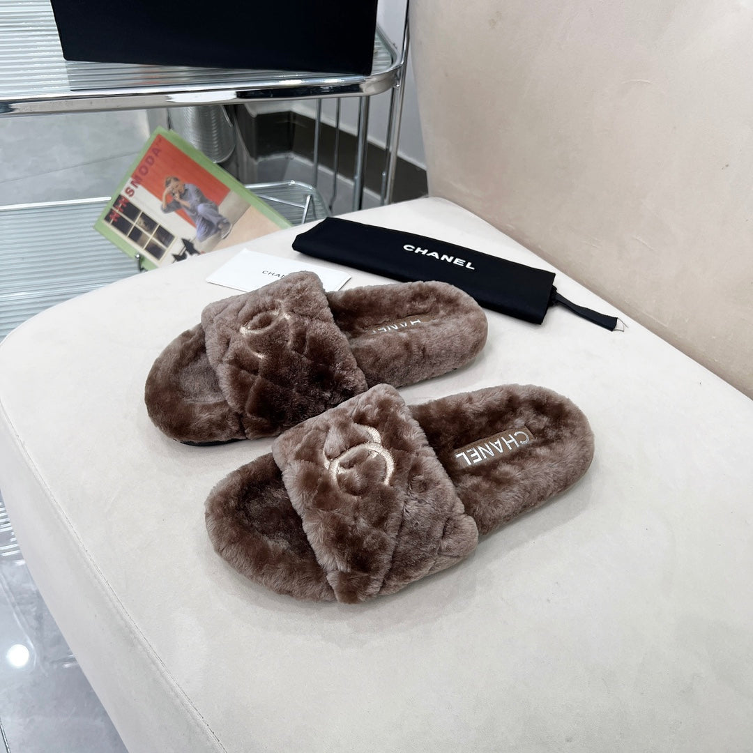 CHANEL 25S FUR SLIPPERS WITH EXPOSED-STITCH STRAPS IN DARK BROWN - 35