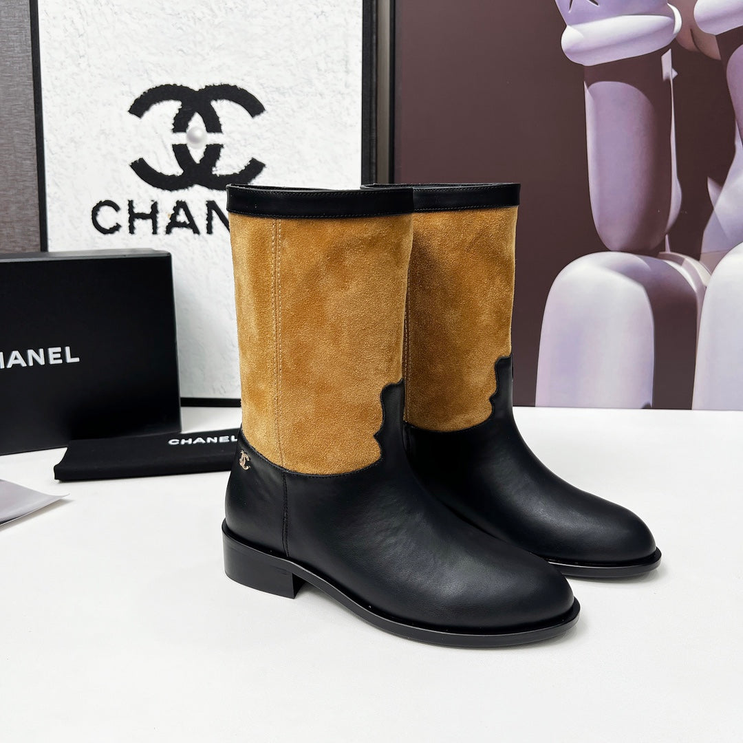 CHANEL 25S MID-CALF BOOTS 35MM IN BLACK CALFSKIN AND CARAMEL SUEDE GOLD HARDWRE - 35