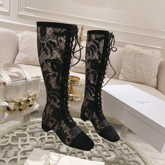 NAUGHTILY-D BOOT BLACK TRANSPARENT MESH AND SUEDE EMBROIDERED WITH ROSES MOTIF 35 MM - 34