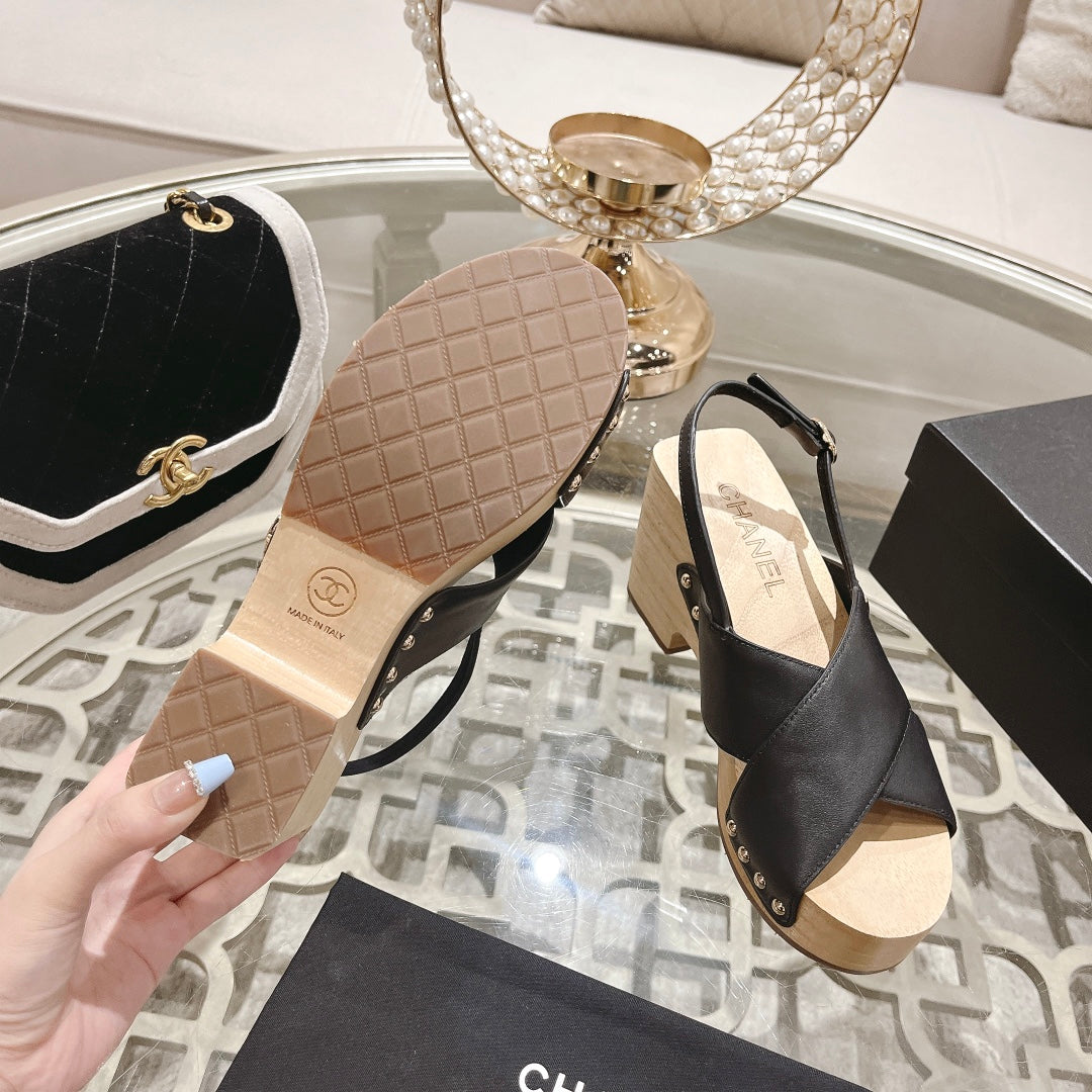 Double CC Wood Grain Platform Sandals Black Sheepskeen - 35