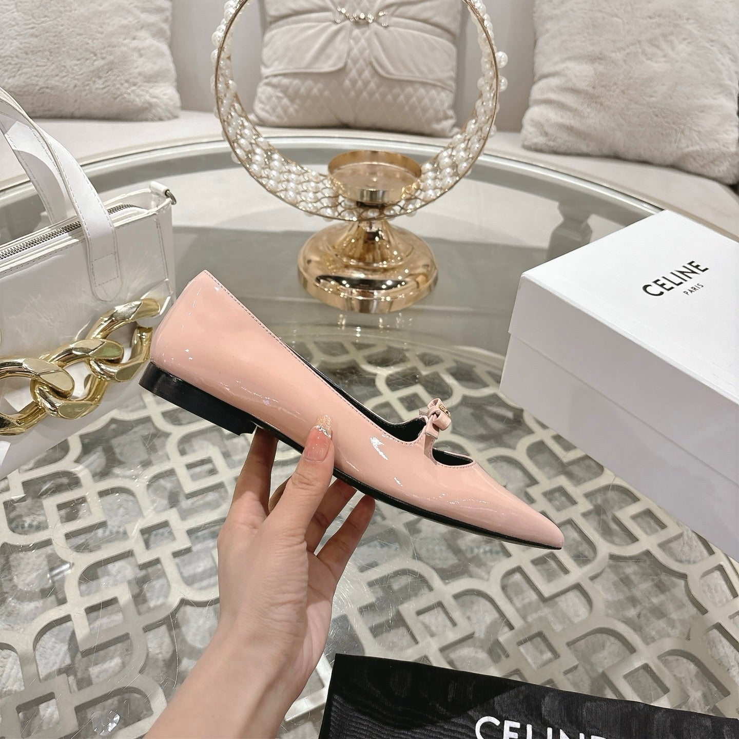 SUZY POINTY TOE BALLERINA IN BLUSH PINK PATENT CALFSKIN - 34