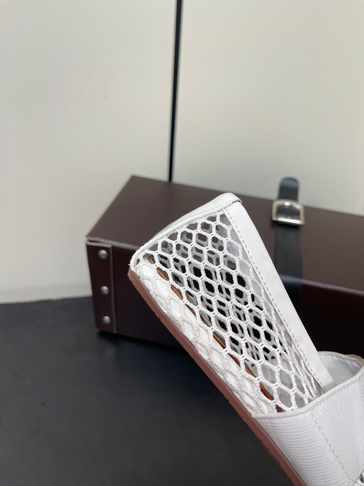 ALAIA BALLET FLATS IN WHITE MESH FISHNET WITH GOLD HARDWARE - 35