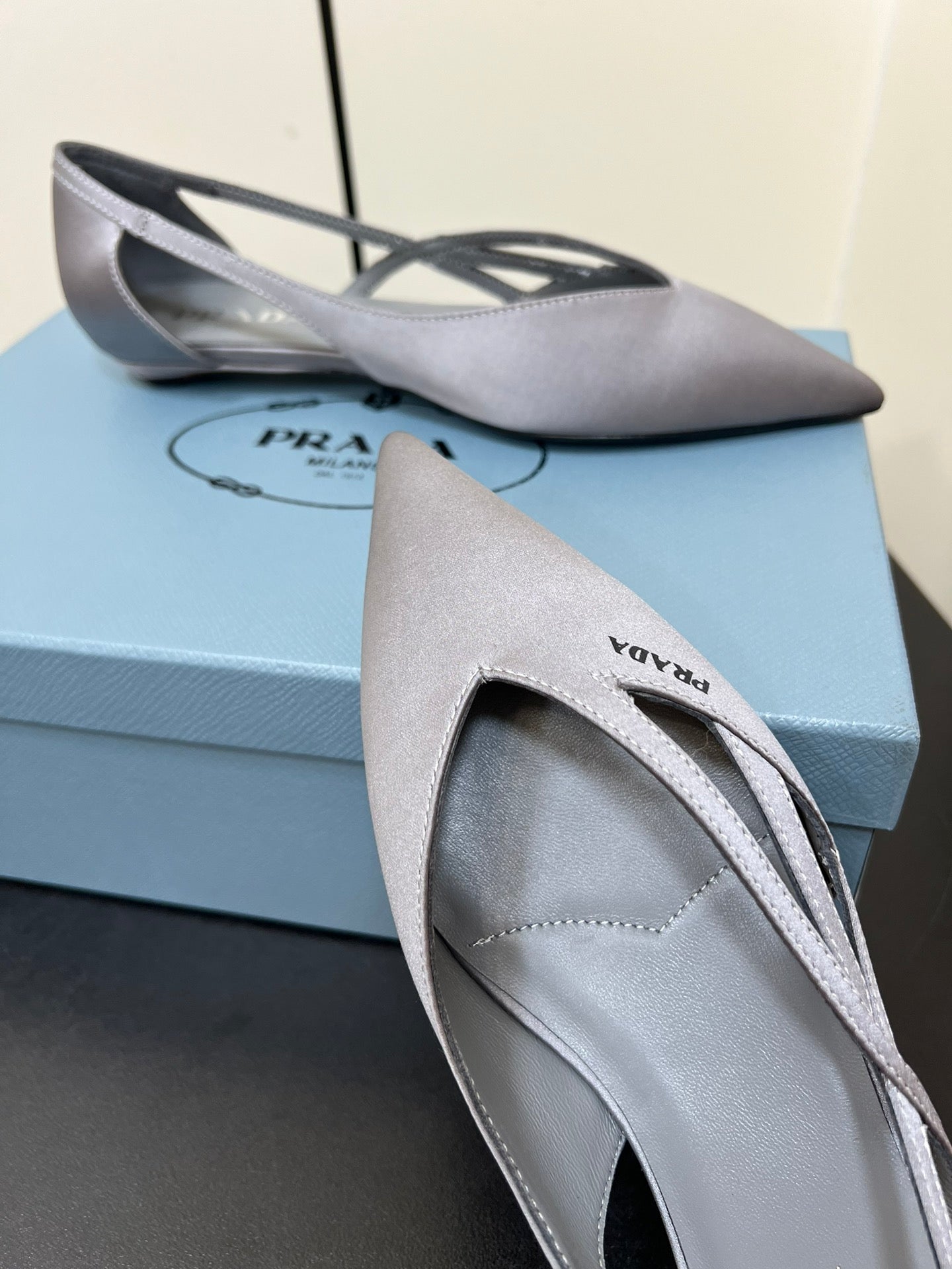 CUT-OUT BALLERINAS IN WARM GRAY SATIN - 35