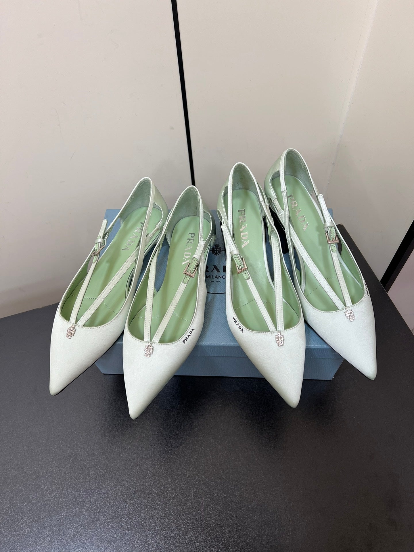 CUT-OUT BALLERINA FLAT IN CHETWODE GREEN SATIN ATTACHED BEAD BUCKLE - 35