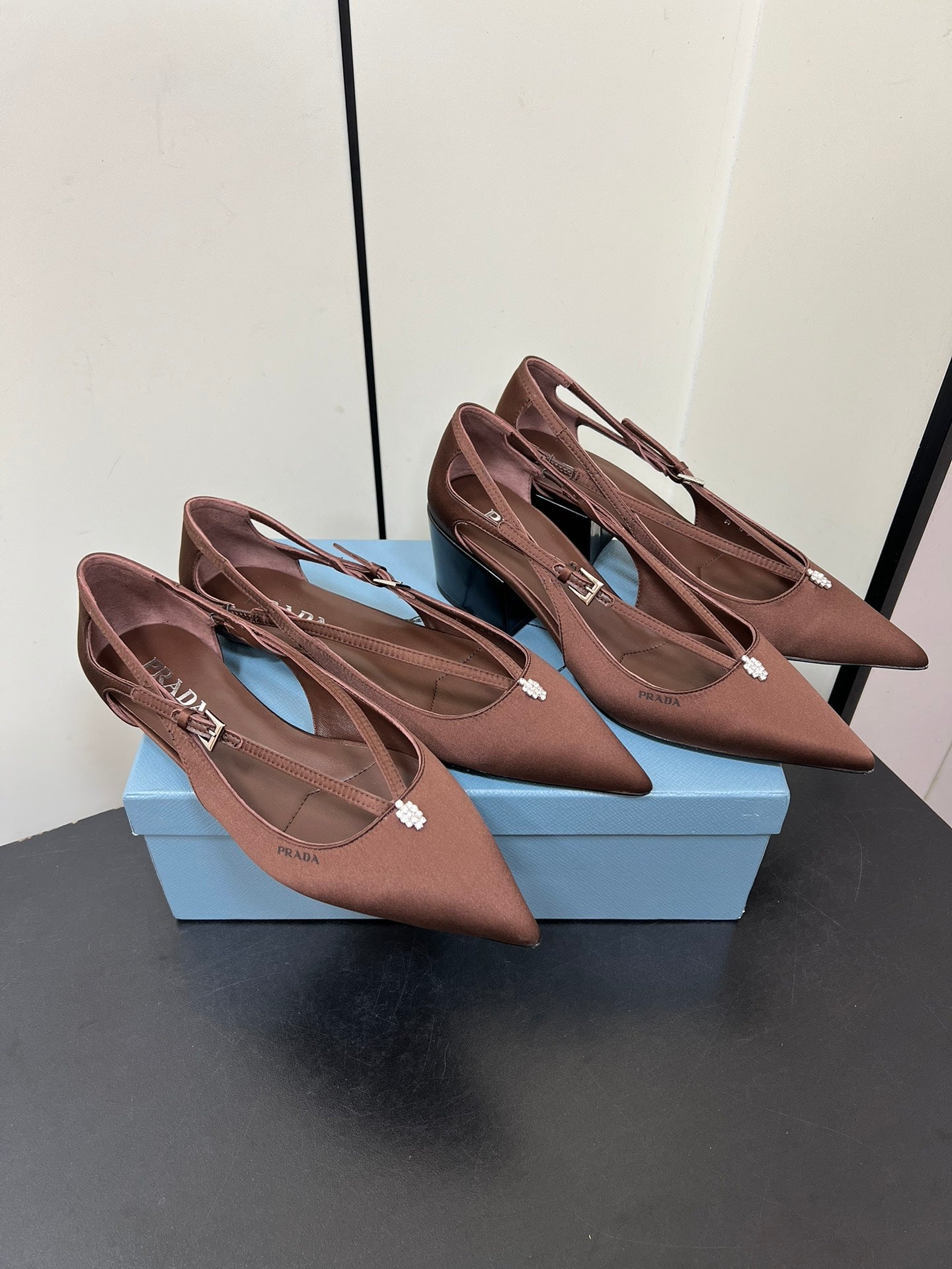 CUT-OUT BALLERINA FLAT IN CHOCOLATE BROWN SATIN ATTACHED BEAD BUCKLE - 35