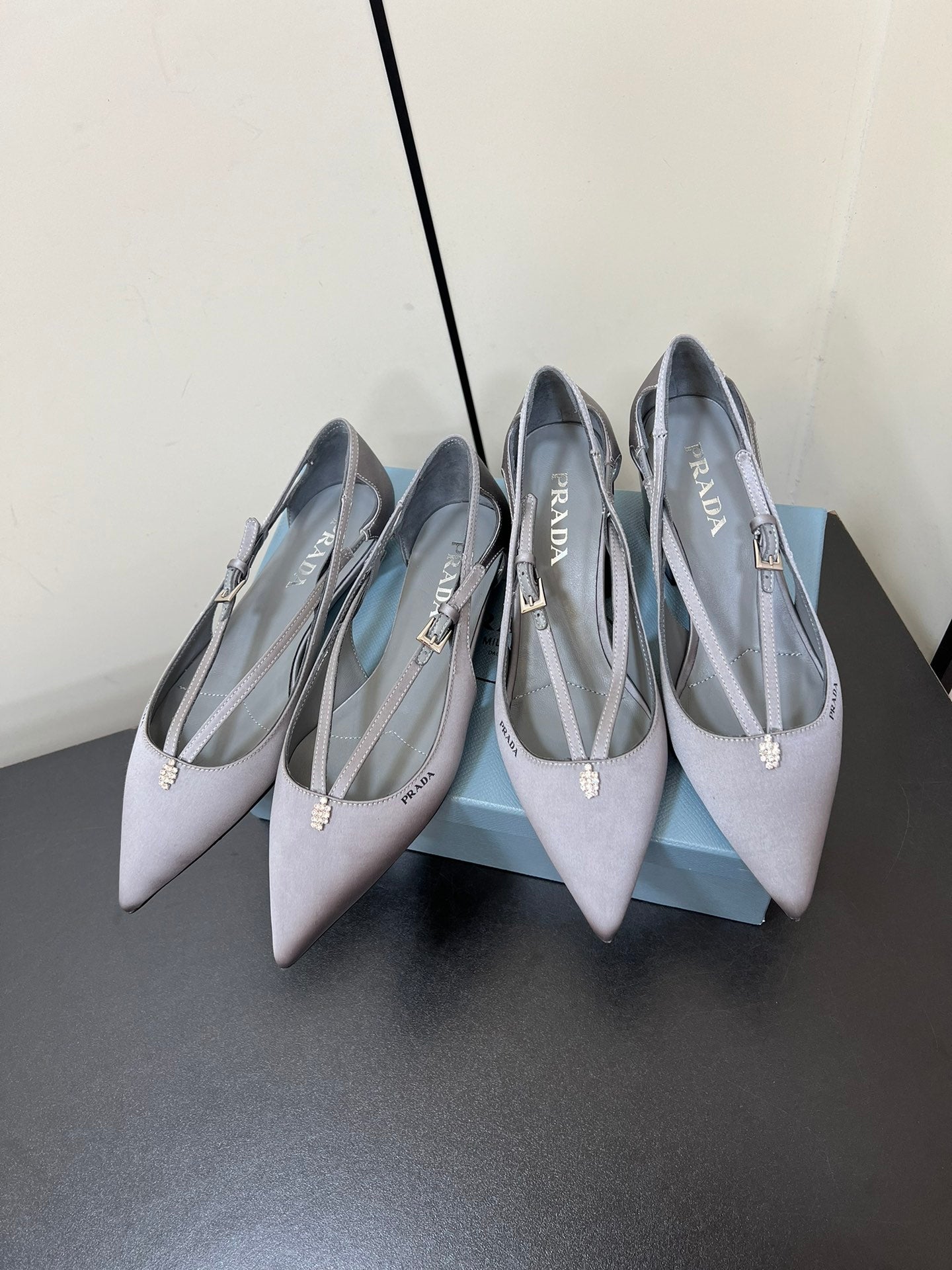 CUT-OUT BALLERINA FLAT IN WARM GRAY SATIN ATTACHED BEAD BUCKLE - 35