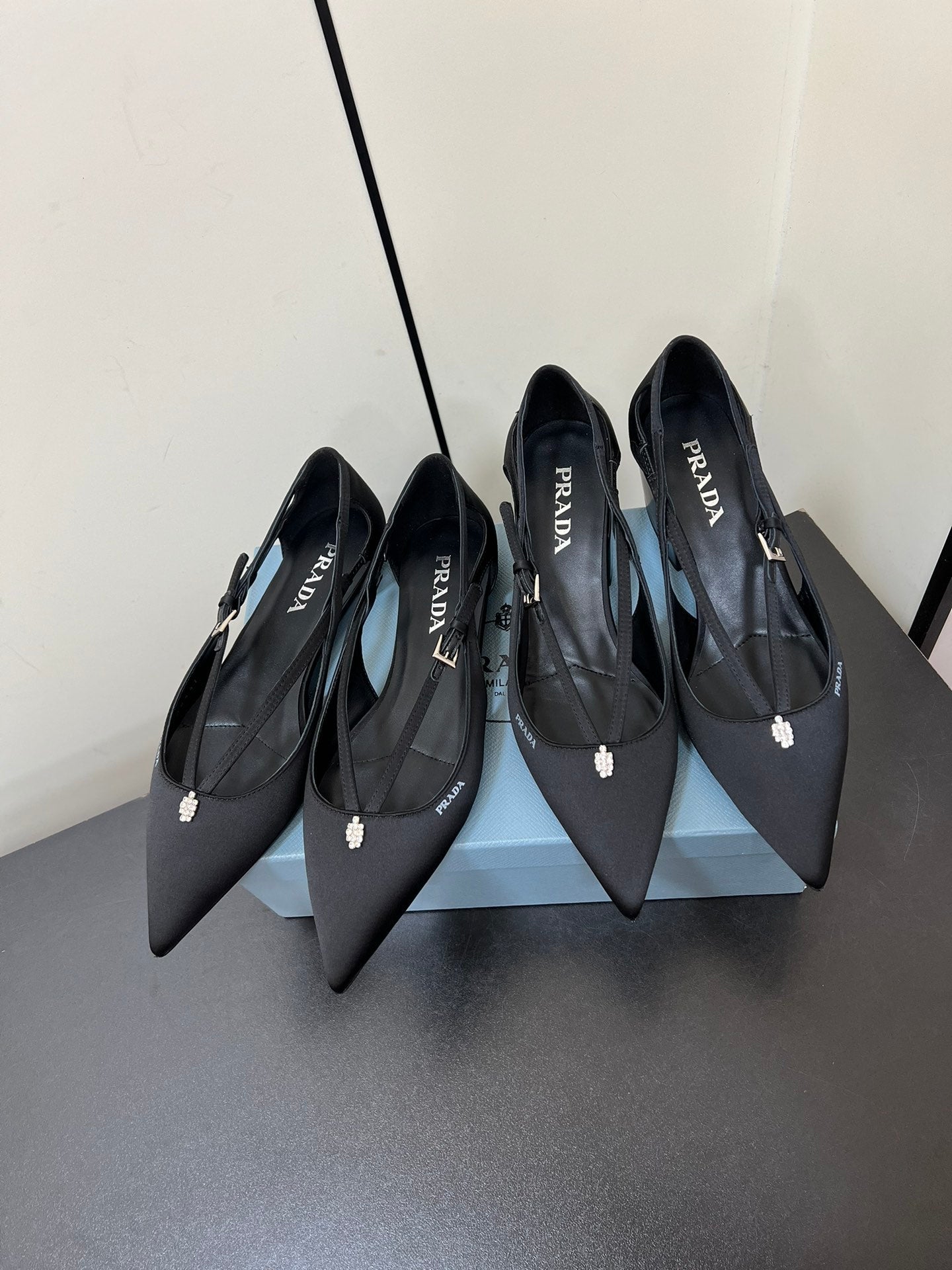 CUT-OUT BALLERINA FLAT IN BLACK SATIN ATTACHED BEAD BUCKLE - 35