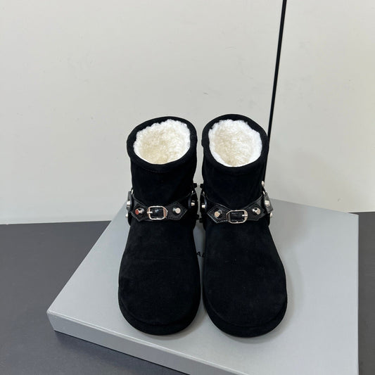 BALENCIAGA 25S ЧЕРЕВИКИ ALASKA З ЧОРНОЇ ЗАМШІ ТА ОВЕЧОЇ ШКІРИ ЗІ СРІБНОЮ ФУРНІТУРОЮ - 35